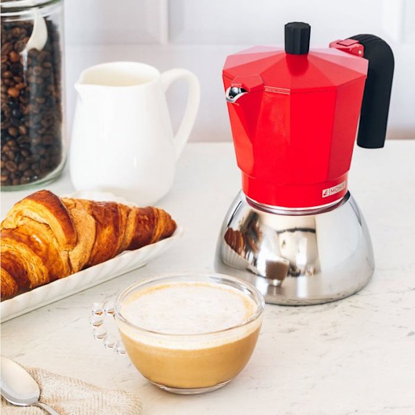 MONIX induktion rustfrit stål | Italiensk kaffemaskine i aluminium og rustfrit stål, 3 kopper, varmebestandigt håndtag, let at Röd