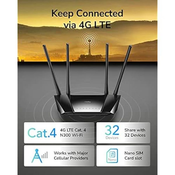 4G LTE-reititin - CUDY - LT400 - 300 Mbps - 4 Ulkoantenne - VPN-asiakas PPTP/L2TP