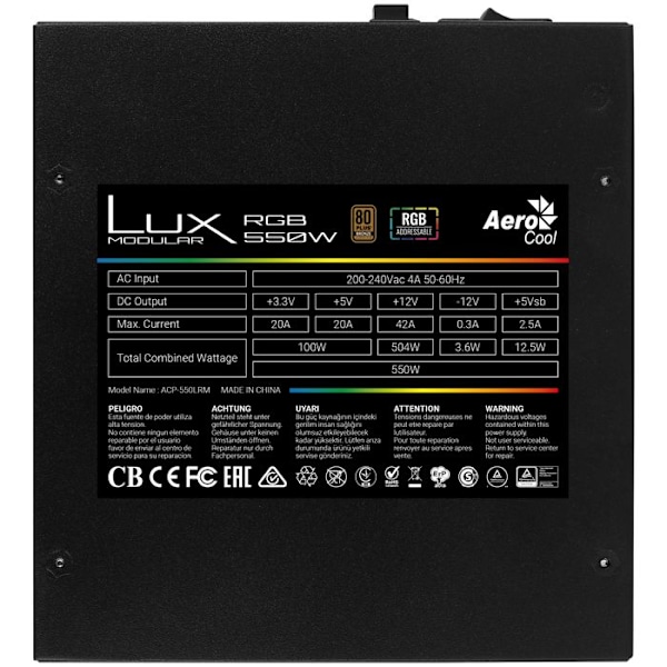 PC Strømforsyning - AEROCOOL - LUX RGB 550M - Semi-modulær - 550W - 80PLUS Bronze Sort