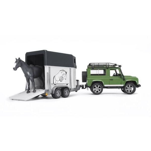 Land Rover Defender 90 Break pakettiauton ja hevosen kanssa - BRUDER - Toimiva ja yksityiskohtainen