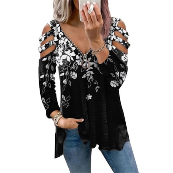 Blus Kvinna V-ringad Blom- och Leopardmönstrad - Bekväm och Retro Svartblommor XXL