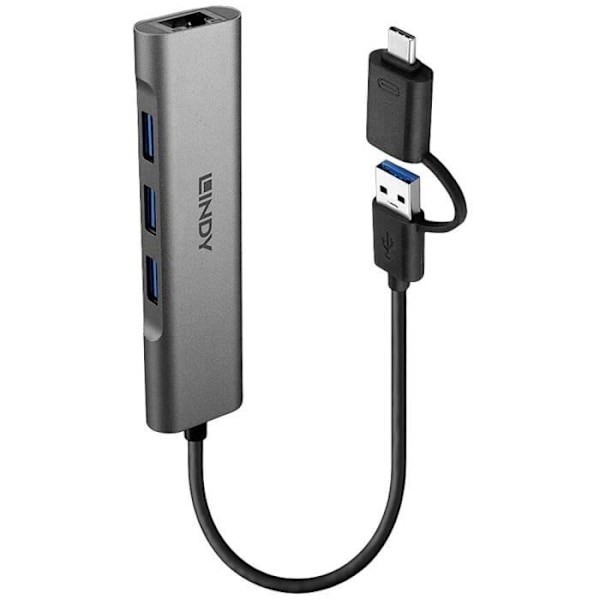 USB 3.0 Hub - LINDY - 43379 - 3 portar - Gigabit Ethernet-konverter - Grå