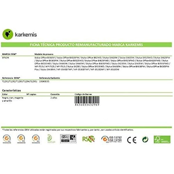 Multipack 4 KASETIT Tinta KARKEMIS RECICLADO EPSON T1291/T1292/T1293/T1294 (T1295) REM