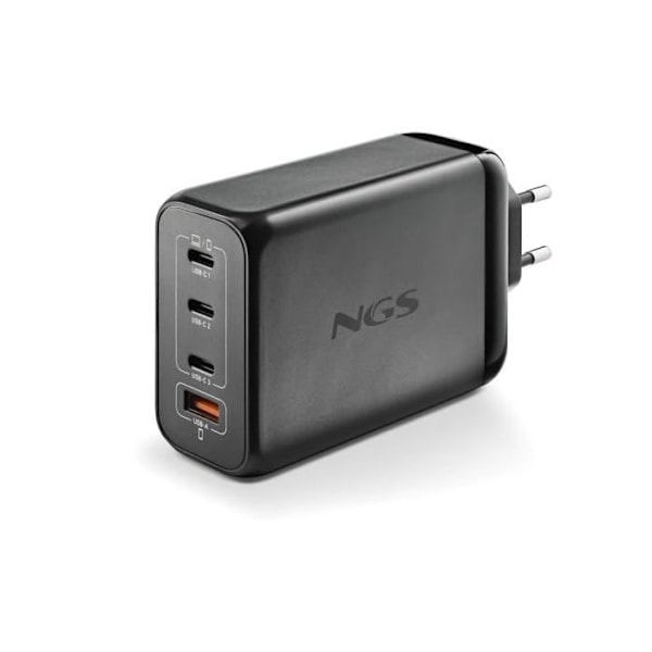 NGS BUD 240W: Universell väggadapter 240W med 4 portar: 3 USB-C + 1 USB-A. Snabb och säker laddning. Samtidig laddning. Svart.