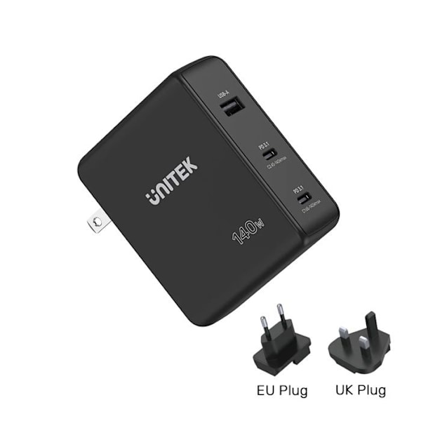 UNITEK USB-C / USB-A PD 3.1 GaN 140 Wattin verkkolaturi - Musta musta