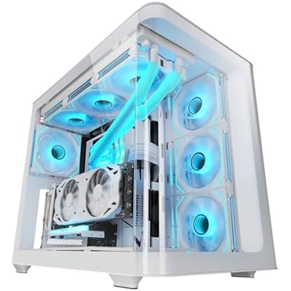 MARSGAMING MC-Fusion, ATX-pelikotelo, koko sivuikkuna ja jatkuva kaareva karkaistu lasietu, Double PC Semi-torni Valkoinen
