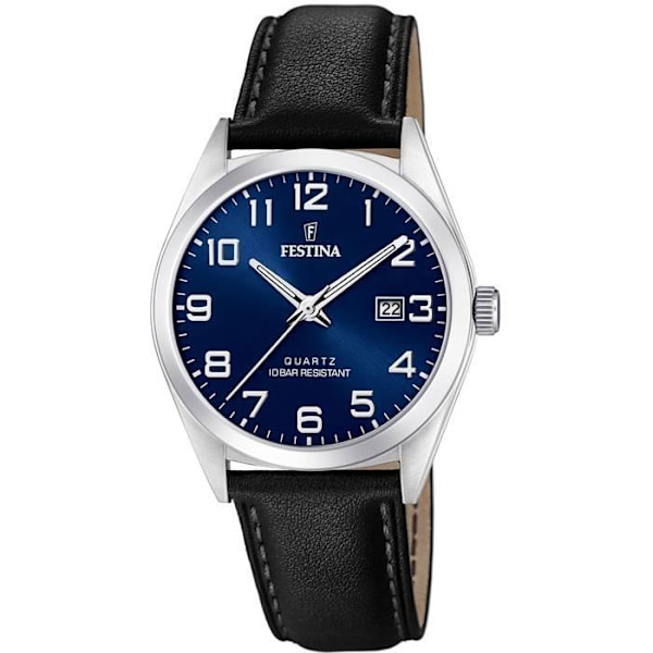 Ur - Festina - 20446 - Læder sort - Vandafvisende 10 bar - Blå urskive Silver, Svart, Blå