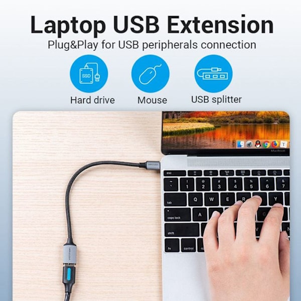 Type-C til USB 3.0 adapter, med OTG-funktion, 5 Gbit/s, Gaming, flettet bomuld - Vention (CCXHB) - Grå