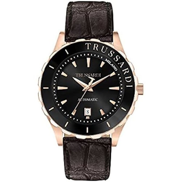 Trussardi herrklocka, T-Logo Collection, tid och datum, automatisk, stål, roséguld PVD, läder - R2421143001 Rose guld PVD