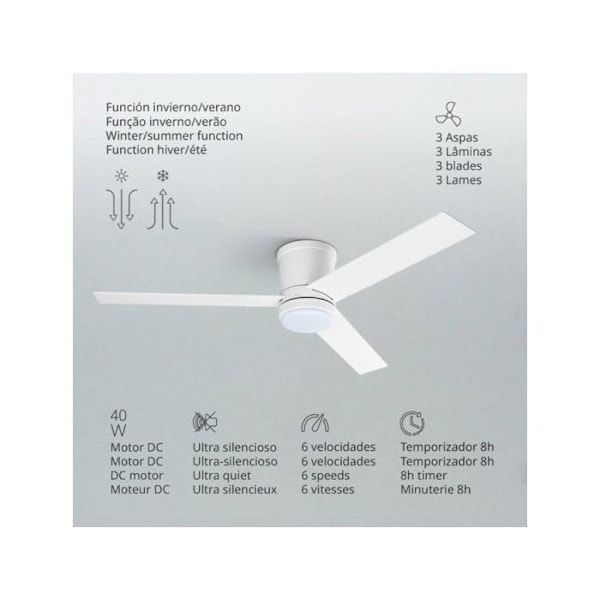 UFESA Katmandu loftsventilator med lys, 3 vendbare blade 132 cm, 40W, 6 hastigheder, ultra støjsvag, sommerfunktion - Vitt trä