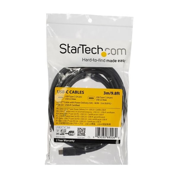 STARTECH USB-C–USB-C-kaapeli - 3 m - Virransyöttö 5A - USB-IF-sertifioitu - Musta