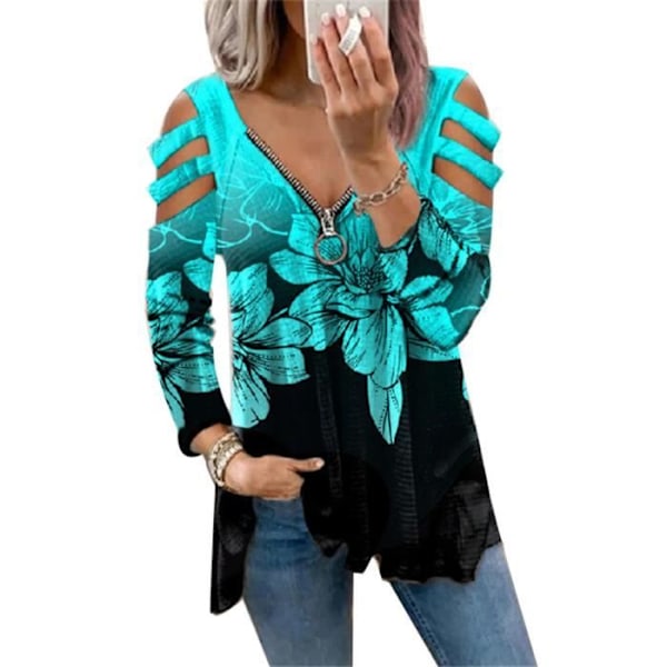 Axelbandslös blommig blus - Märke - Modell - V-ringad - Lös fåll - Retro tunika - Grön blomleopard Grön blomma XXXXXL