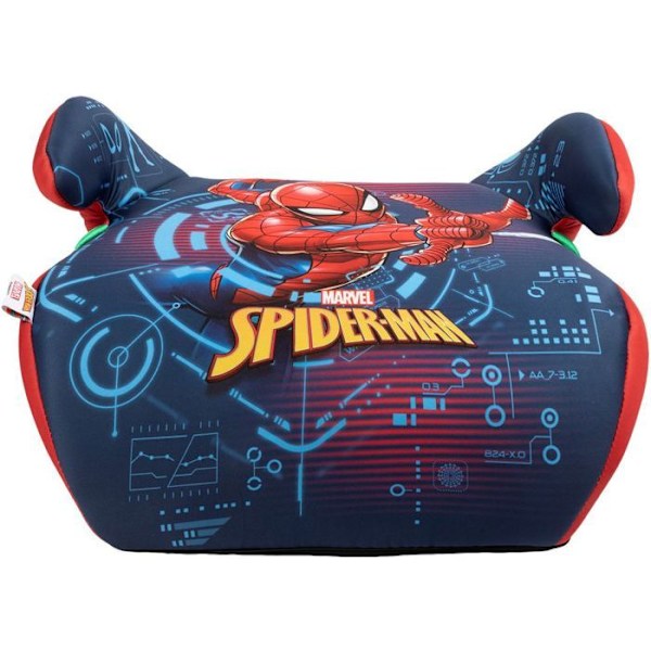 Bilbarnstol höjningsskydd Tataway Marvel Spiderman i-Size ECE R129, barn 125-150 cm, superhjälte-grafik på blå bakgrund.