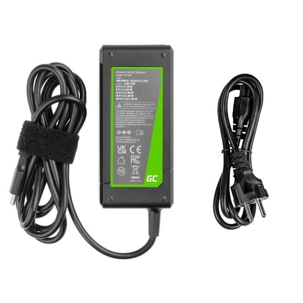 Adaptør / Oplader Green Cell USB-C 65W til Bærbare Computere, Tablets, Telefoner | Universel Strømforsyning sort