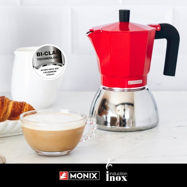 MONIX induktion rustfrit stål | Italiensk kaffemaskine i aluminium og rustfrit stål, 3 kopper, varmebestandigt håndtag, let at Röd