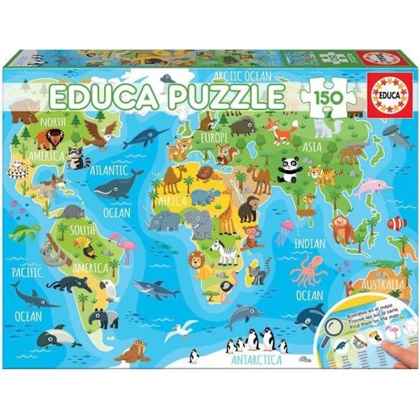 Animals World Map Puslespil - EDUCA - 150 brikker - Blandet - Fra 6 år