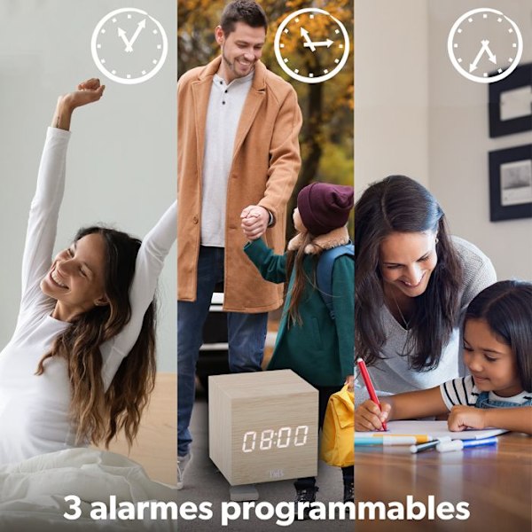Digital väckarklocka - T’nB - Liten modell - 3 programmerbara larm - Justerbar belysning - Trä Trä
