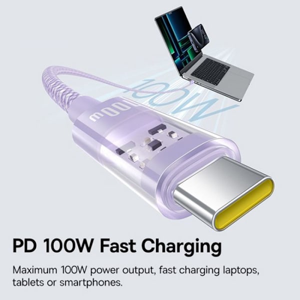 USB-C - USB-C - Kaapeli, Supernopea Lataus 100W, 2m - Baseus Gem (P1037373000511-01) - Nebula Purple