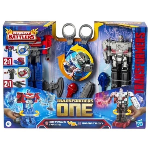 Pakkauksessa 2 kpl Optimus Prime (Orion Pax) ja Megatron (D-16) 11 cm figuuria, leluja 6 vuoden iästä alkaen, Transformers One Robot Batttlers Flerfärgad