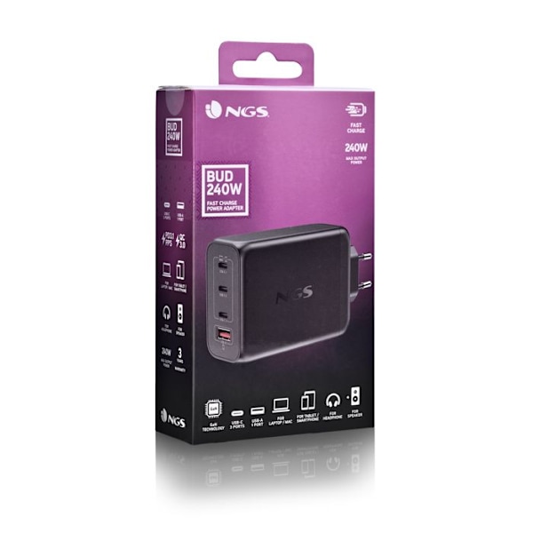 NGS BUD 240W: Universell väggadapter 240W med 4 portar: 3 USB-C + 1 USB-A. Snabb och säker laddning. Samtidig laddning. Svart.