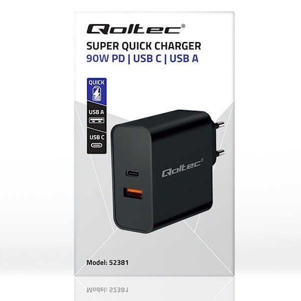 Lader - Qoltec - 52381 - PD superhurtig lader 1xUSB-C 1xUSB 90W 5-20V 2,4-4,35A Sort
