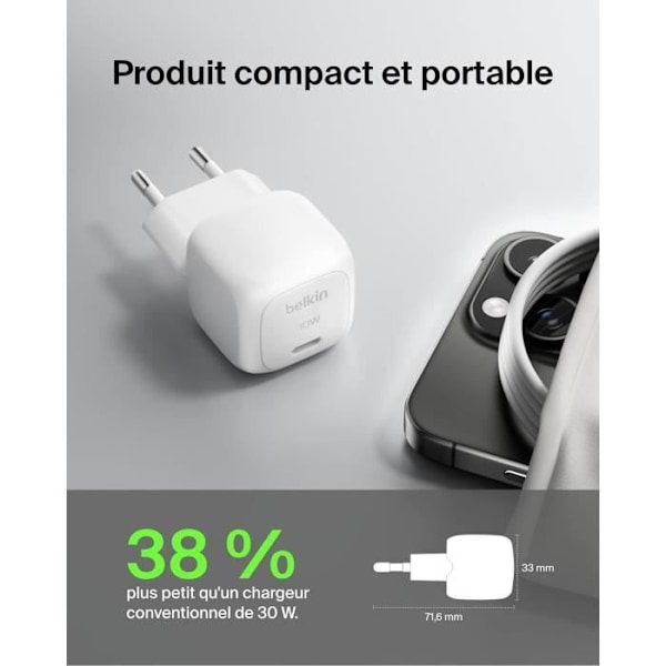 Lader - Belkin - BoostCharge 30 W - USB-C Power Delivery - Kompakt - Hvid