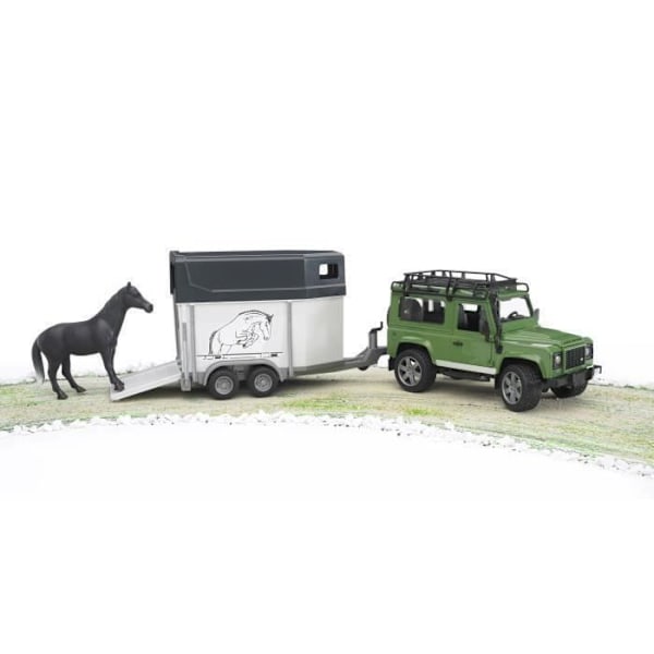Land Rover Defender 90 Break pakettiauton ja hevosen kanssa - BRUDER - Toimiva ja yksityiskohtainen