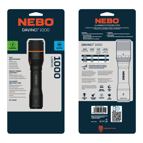 NEBO-DAVINCI™ 1000 ladattava taskulamppu - 1000 LM Svart