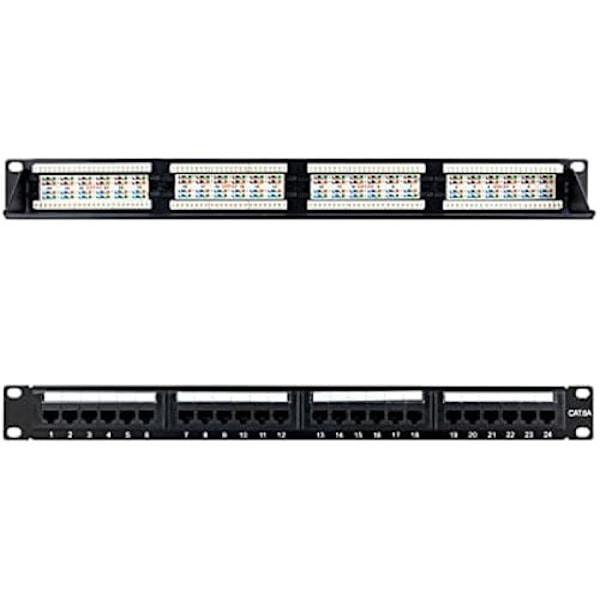 24-portars RJ45 Cat.6A UTP patchpanel - NANOCABLE - 10.21.4124 - För 19" 1U dubbelt IDC-ställ - Svart Svart