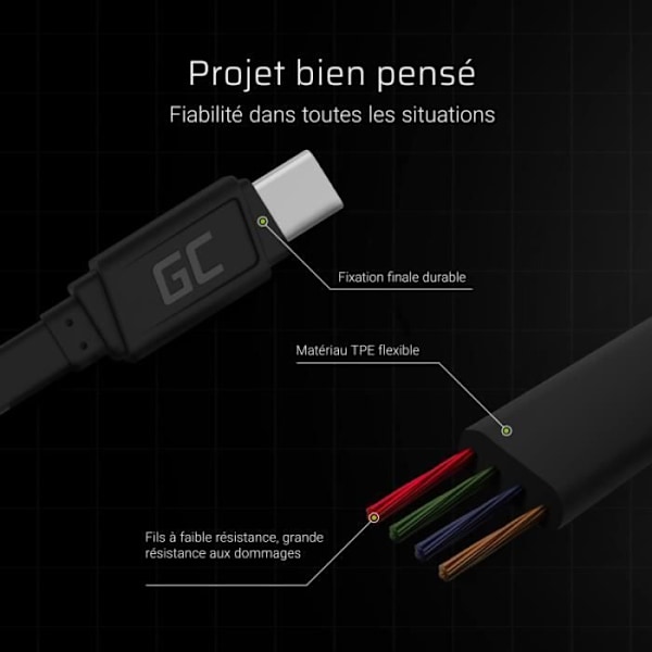 USB-C-kabel - GCmatte - 25 cm - Hurtigopladning QC 3.0 - Sort - Holdbar