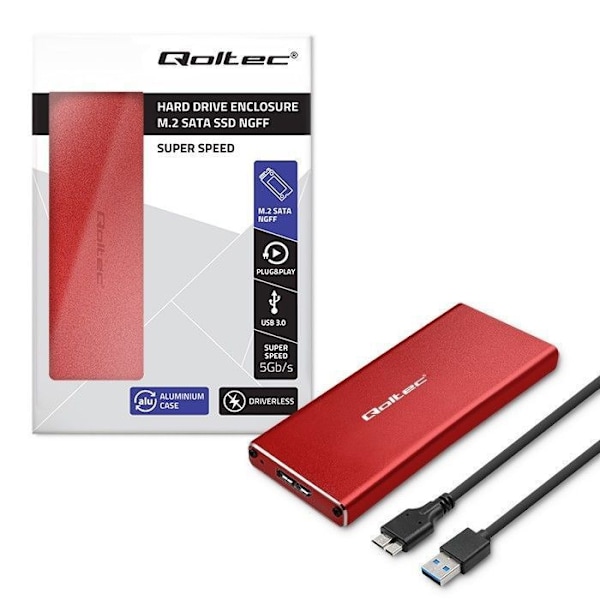Ekstern SSD-harddisk Qoltec - 51831 - M.2 SATA NGFF SSD-disk kabinet USB 3.0 Super hastighed 5 Gb/s 2 To Rød