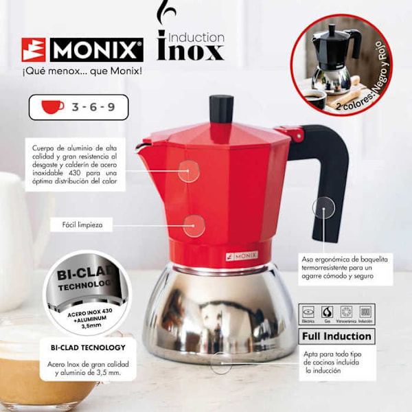 MONIX induktion rustfrit stål | Italiensk kaffemaskine i aluminium og rustfrit stål, 3 kopper, varmebestandigt håndtag, let at Röd