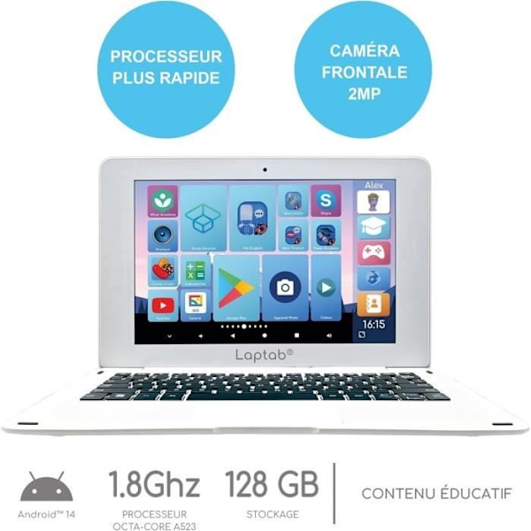 Bærbar touch-computer LAPTAB® til børn fra 7 år og op, 10,1" Full HD-skærm, 128GB lagerplads, 4GB RAM, LEXIBOOK Vit