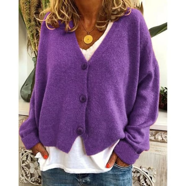 Cardigan med V-ringning för kvinnor, stickad tröja med fladdermusärmar, avslappnad hösttröja i lila. Mauve M