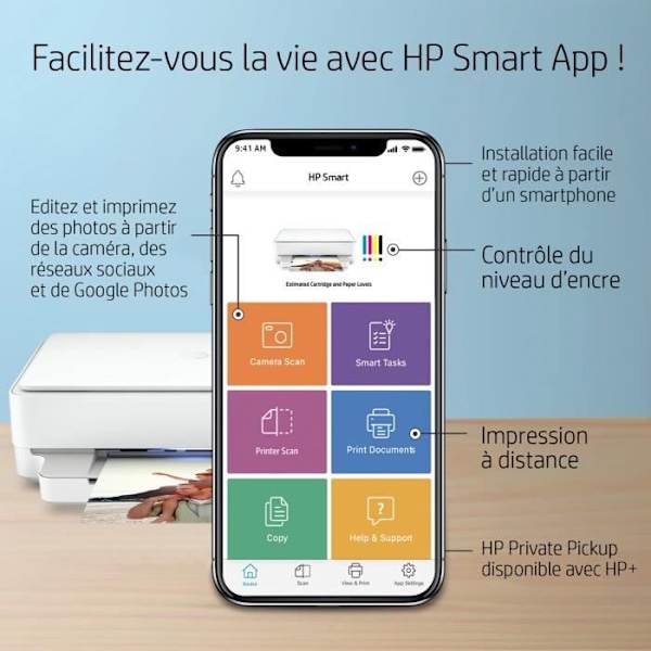 HP Envy 6022e Alt-i-én-printer - Farve blæk - Kopi Scan - Ideel til familien - 3 måneder af Instant ink inkluderet med HP+