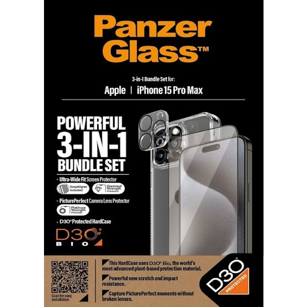Panzer Glas Kraftig 3 i 1 Bundle Pack til iPhone 15 Pro Max 6,7" - B1172+2812