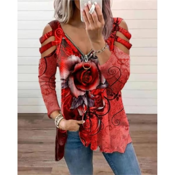 Elegant blus med v-ringad dam rosbukett topp midja axelbandslös blus dragkedja Topp röd Röd M