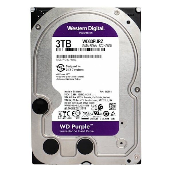 Harddisk - WESTERN DIGITAL - WD33PURZ - 3 TB - Serial ATA-600 - 3,5" - 550 MB/s - 3D triple-level cell (TLC)