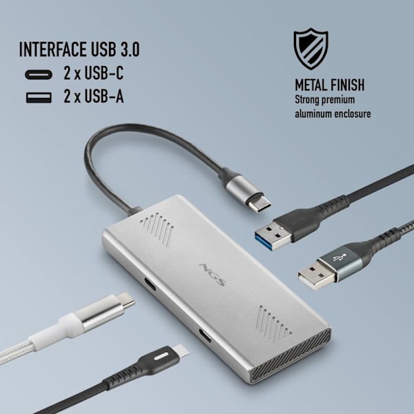 USB-hubi - NGS - WONDERDUO-C - 4 porttia (2 USB-C + 2 USB-A) - Aluminium - 5 Gbps