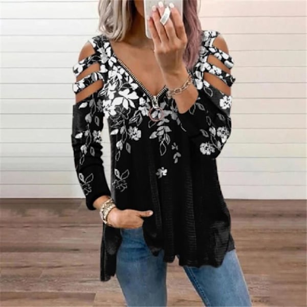 Blus Kvinna V-ringad Blom- och Leopardmönstrad - Bekväm och Retro Svartblommor XXL