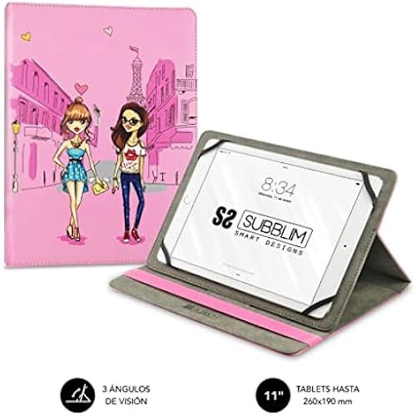 SUBBLIM Fodral för Universal Fashion Girls Tablet från 9,6" till 11" tum, elastisk bandstängning, tre visningsvinklar, System