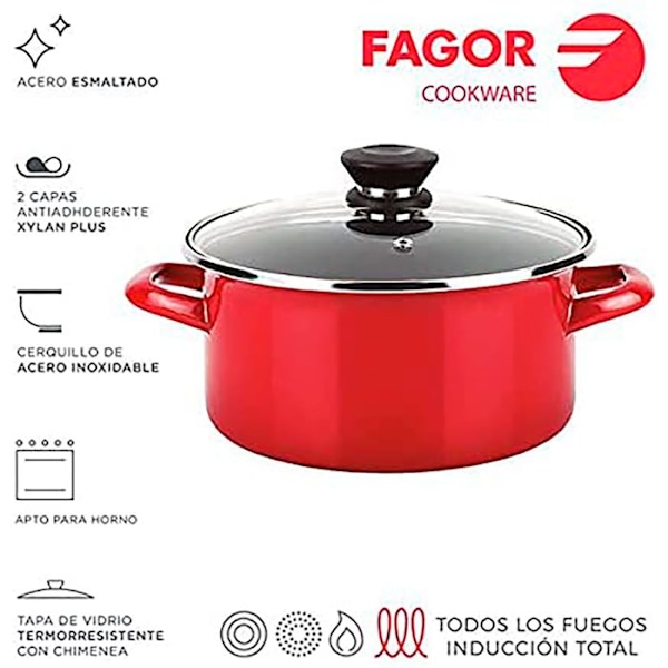 Induktionskastrull 24 cm Emaljerat stål, PFOA-fri non-stick, glaslock FAGOR Optimax Röd 00925 Röd