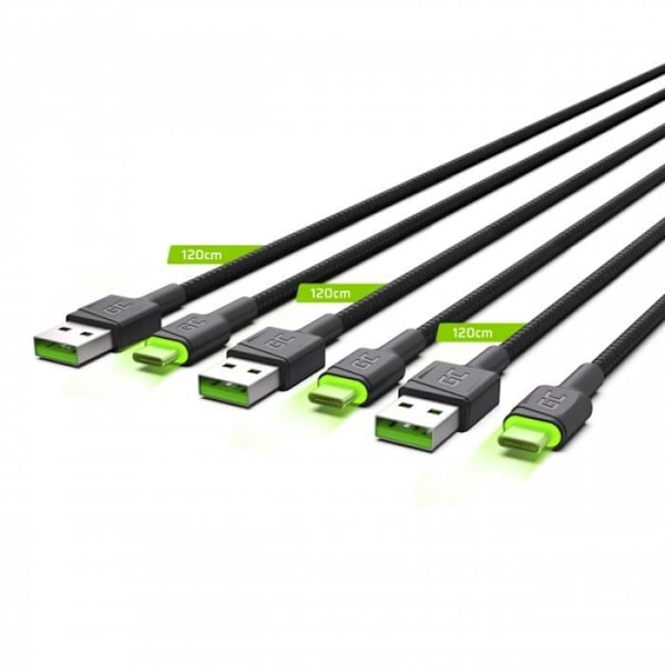 Sæt 3x USB-kabel Green Cell GC Ray - USB-C 120cm, grøn LED, hurtig opladning Ultra Charge, QC 3.0