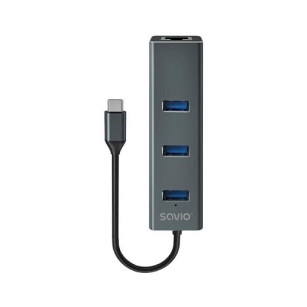 SAVIO USB-C - 3 x USB-A HUB RJ-45 Gigabit Ethernet -sovittimella, 5000 Mbit/s, harmaa - AK-57