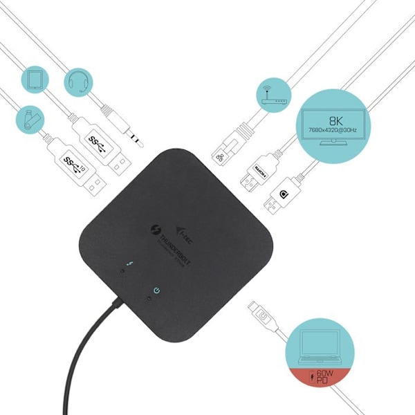 USB Hub - i-Tec - TB3TRAVELDOCKPD - 3 Porttia - Ethernet RJ-45 - Musta
