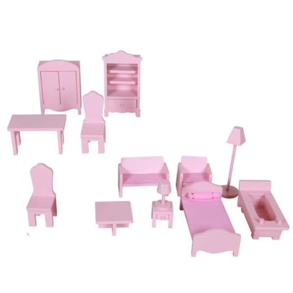 Puinen nukkekoti - WOOMAX - 3 kerrosta - 13 huonekalua mukana Pink og lilla