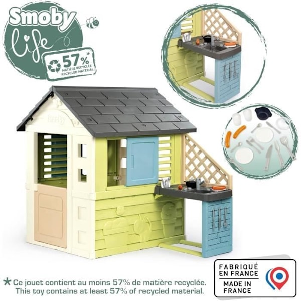 Smoby Life - Smuk Hus + Sommerkøkken - Grillplade og Vask - 17 tilbehør - Genbrugsmateriale - Fra 2 År
