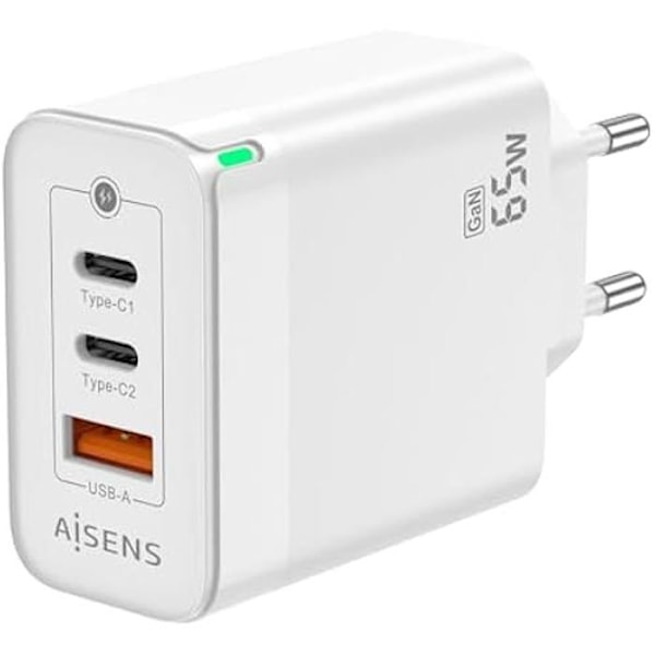 AISENS GAN Oplader 65W 2XUSB-C PD3 0 QC4 0 1XUSB-A QC3 0 Hvid Vit