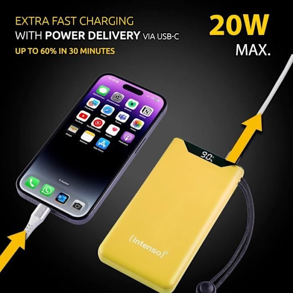 Intenso Powerbank F10000, Ekstern Batteri med PD 20 W og QC 18 W, USB-C og USB-A port, 10 000 mAh, Gul