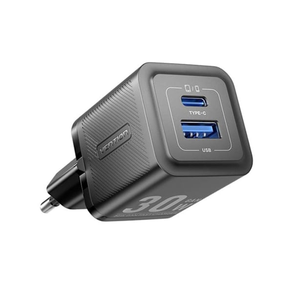 GaN oplader, Type-C, USB, PD30W, dobbelt hurtig opladning - Vention (FEQB0-EU) - Sort